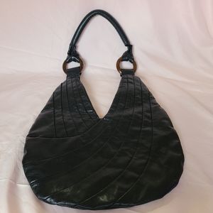 Vintage 80s Black Faux Leather Patchwork Quilted Crossover Shoulder Bag Purse